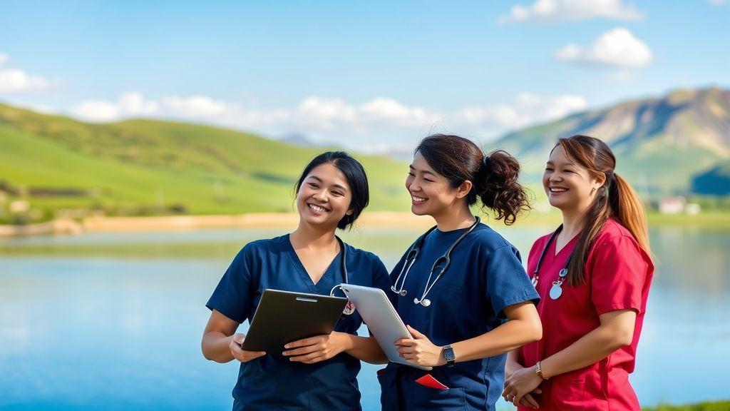Nurses in blue and teal scrubs promoting the latest nursing vacancies in New Zealand for October 2026.