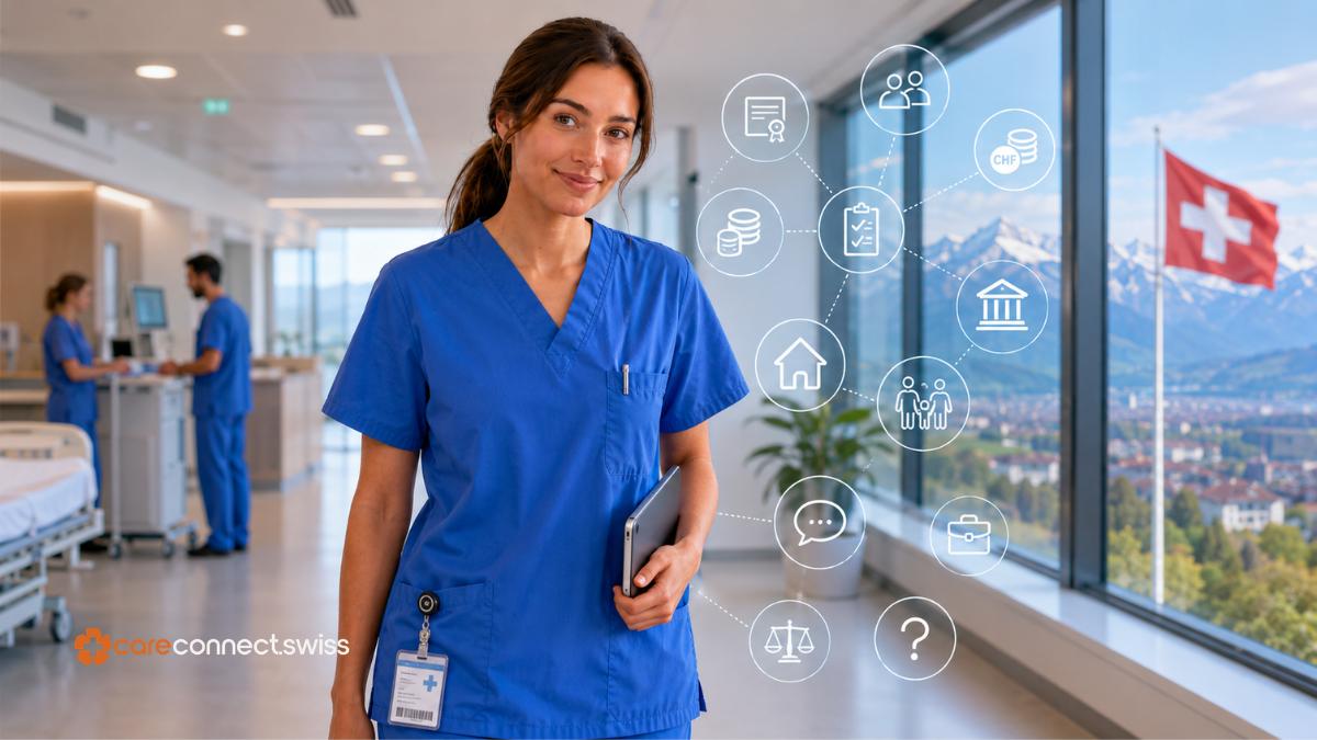 Two professional nurses in a modern Swiss hospital representing nursing job opportunities in Switzerland.