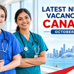 Two nurses in blue and teal scrubs promoting nursing vacancies in Canada, with a Canadian skyline and maple leaf