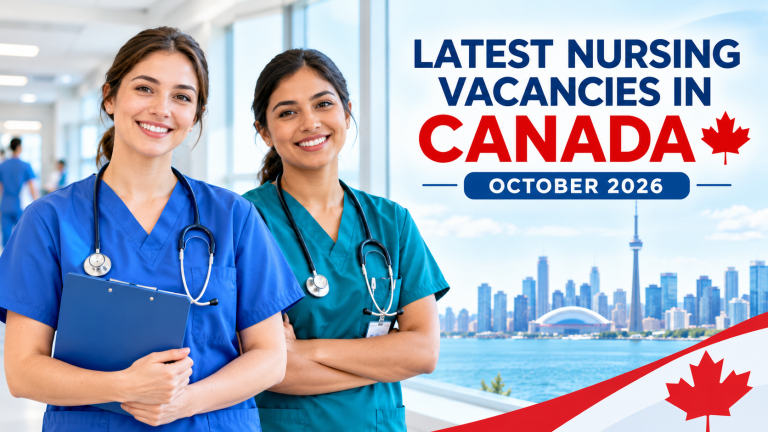 Two nurses in blue and teal scrubs promoting nursing vacancies in Canada, with a Canadian skyline and maple leaf