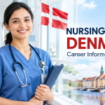 Nurse in blue scrubs with a Danish flag and Copenhagen waterfront, illustrating nursing career opportunities in Denmark