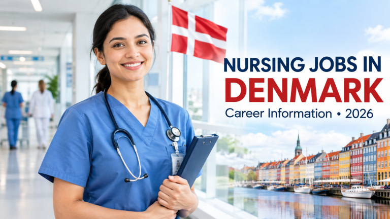 Nurse in blue scrubs with a Danish flag and Copenhagen waterfront, illustrating nursing career opportunities in Denmark